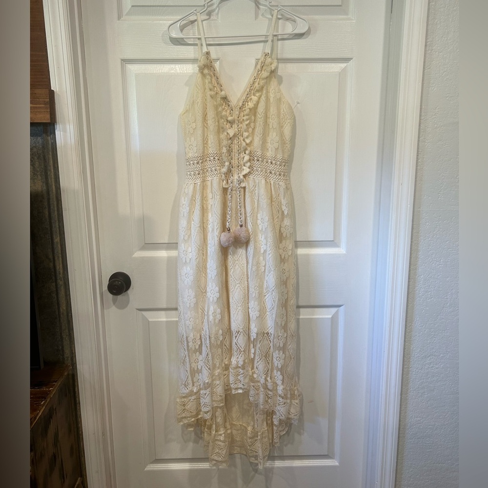 Cream Lace Boho Sundress with Pom-Tie Straps